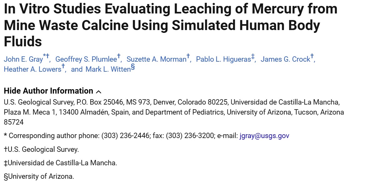 Estudios in vitro que evalúan la lixiviación de mercurio a partir de calcinado de residuos mineros utilizando fluidos corporales humanos simulados.