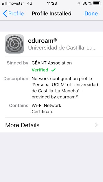 Pantalla iOS informando de instalación del perfil eduroamCAT UCLM