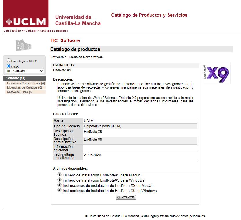 Captura de pantalla de la ficha del software EndNote X9 en el catalogo uclm