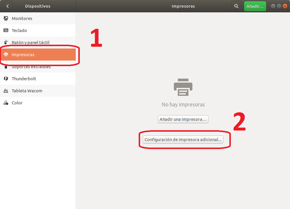 Pantalla de configuración de impresora