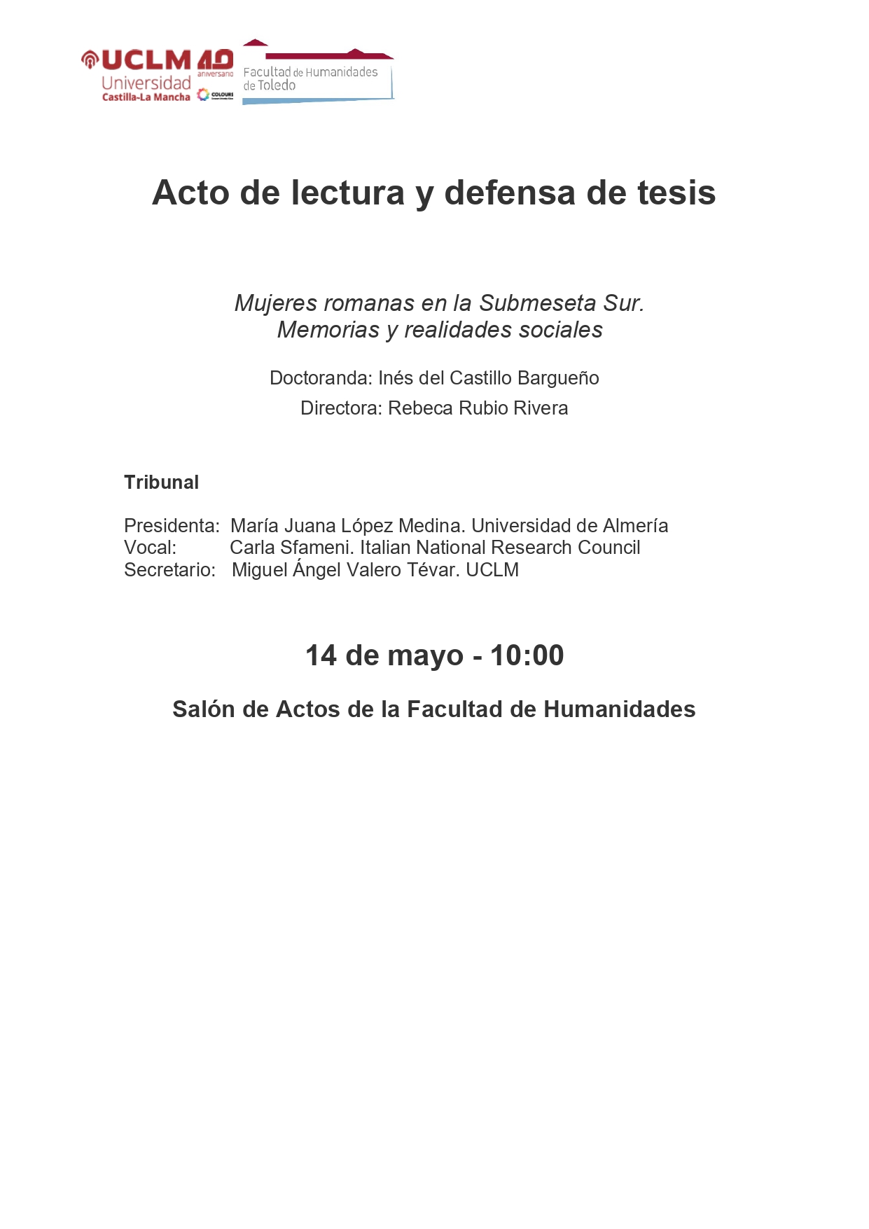 Acto de lectura y defensa de Tesis de Ines del Castillo Bargueño