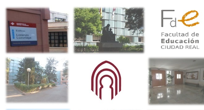 Varias imágenes del Edificio Lorenzo Luzuriaga - espacios del exterior y hall - Logo de la Facultad de Educación de Ciudad Real