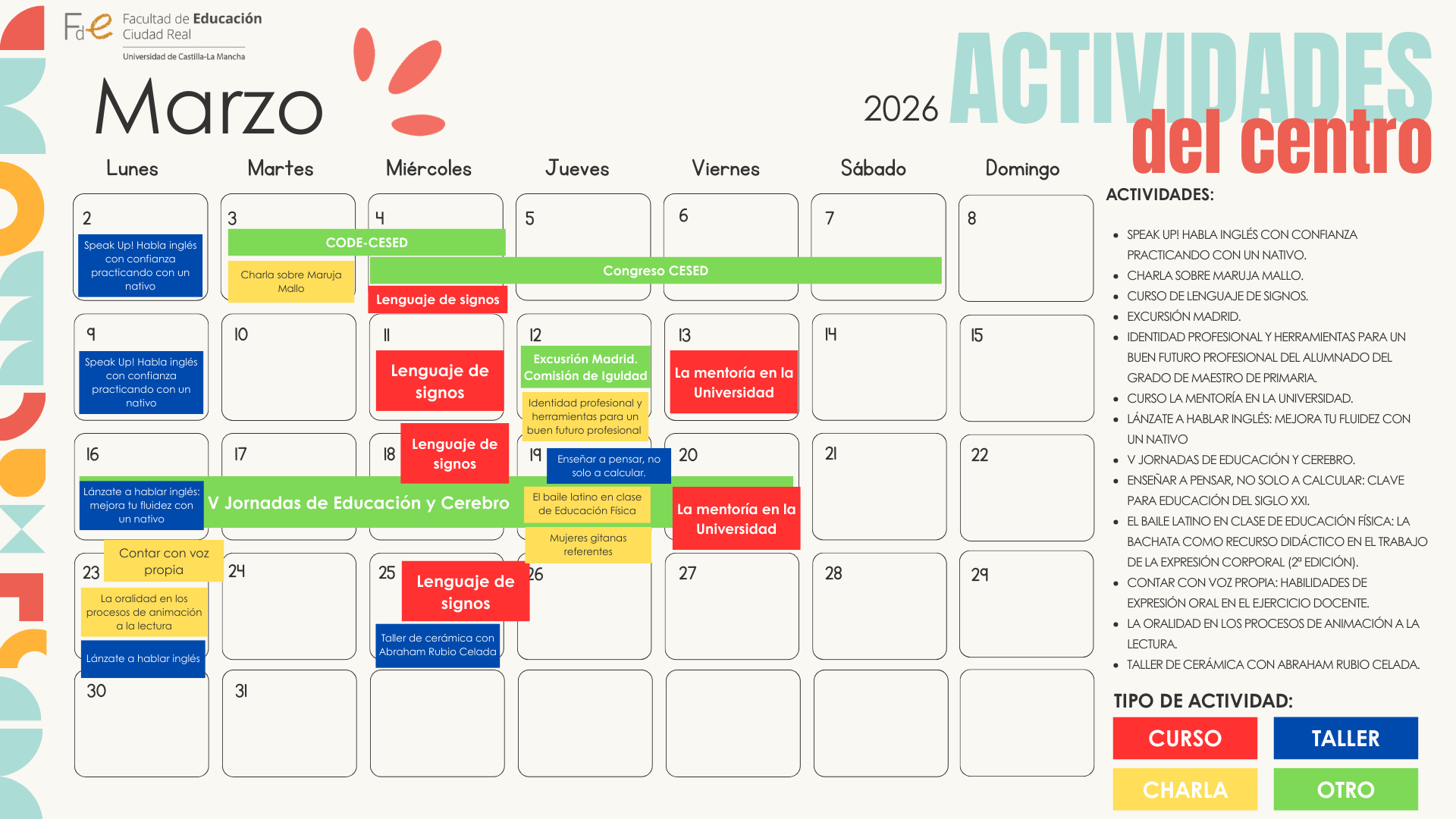 CALENDARIO ACTIVIDADES CULTURALES MES DE MARZO