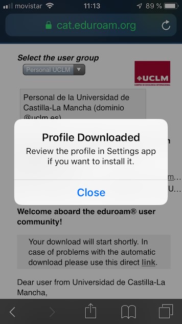 Pantalla iOS de descarga del perfil de eduroamCAT UCLM